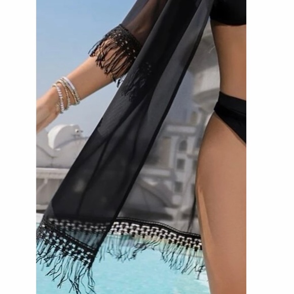NEW! Black Fringe Chiffon Kimono - Picture 6 of 9